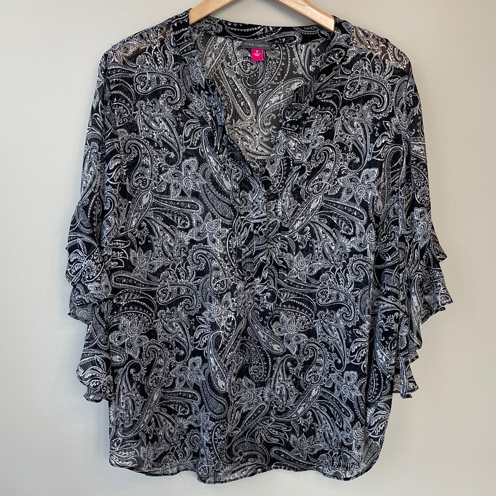 Vince Camuto Black and White Pintucked Ruffle-Sleeve Blouse Size 1X
